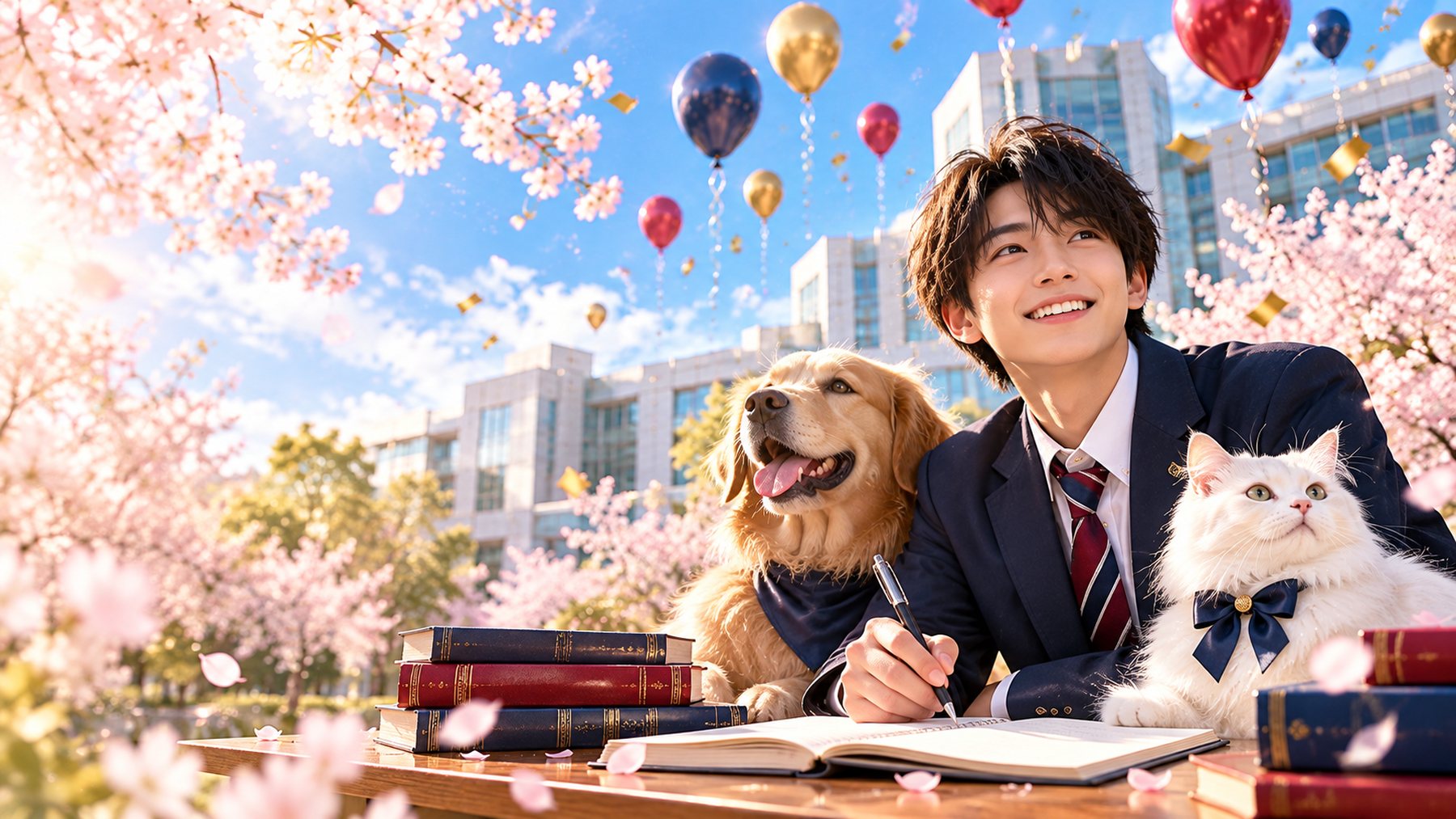 桜の下で獣医学部を目指す高校生と、犬と白猫